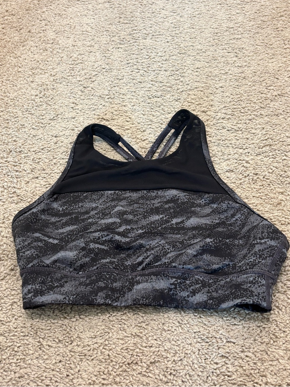 ASICS Kate Sports Bra Black Gray Print Sheer Mesh Strappy Back Medium